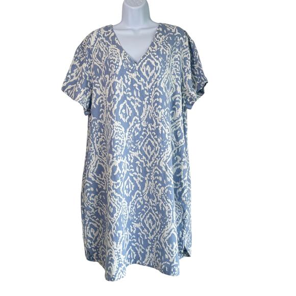 M&S‎ Collection Linen Printed Midi Shift Dress Medium Blue Mix Size 14 Coastal - Picture 1 of 6